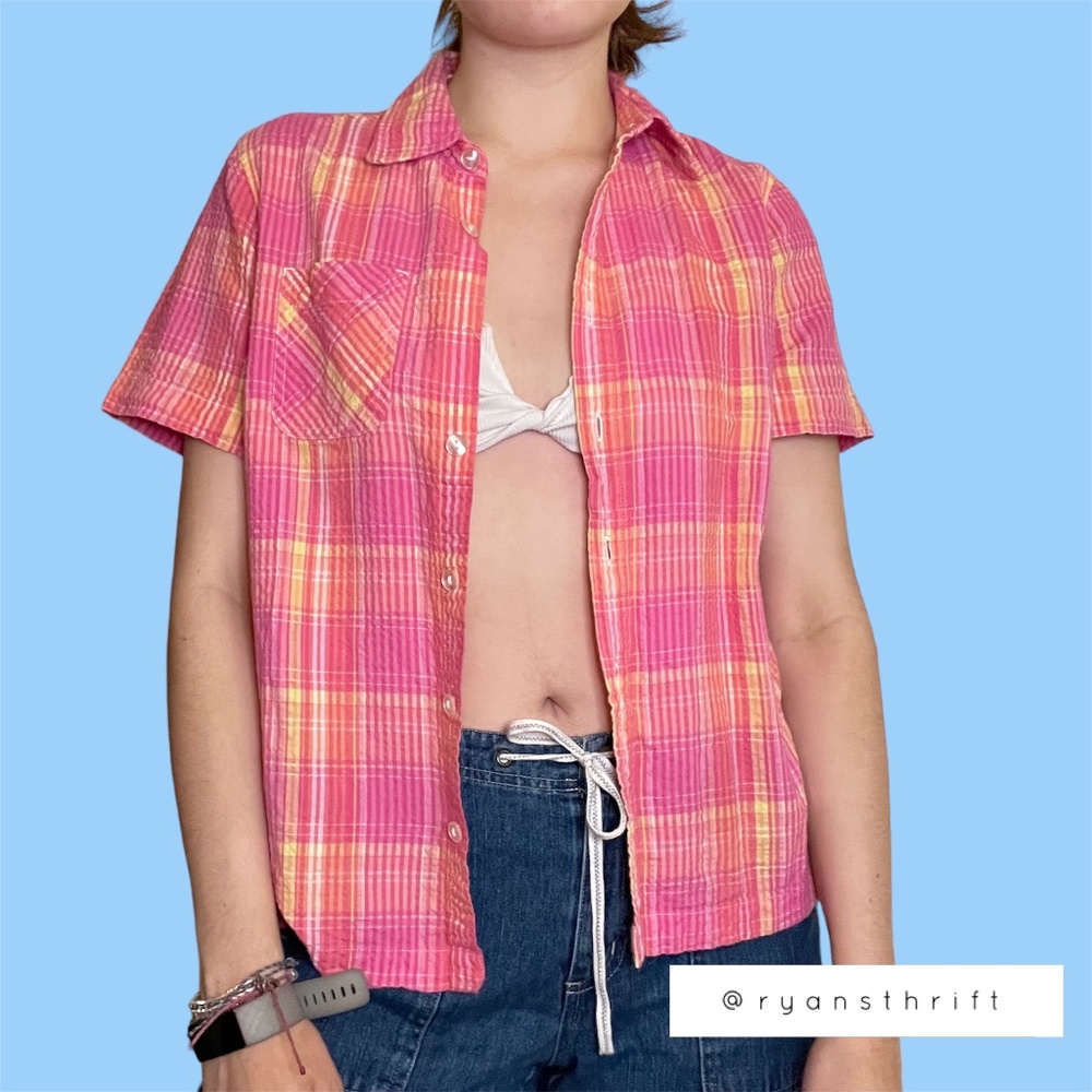 pink and yellow plaid short sleeve button up top